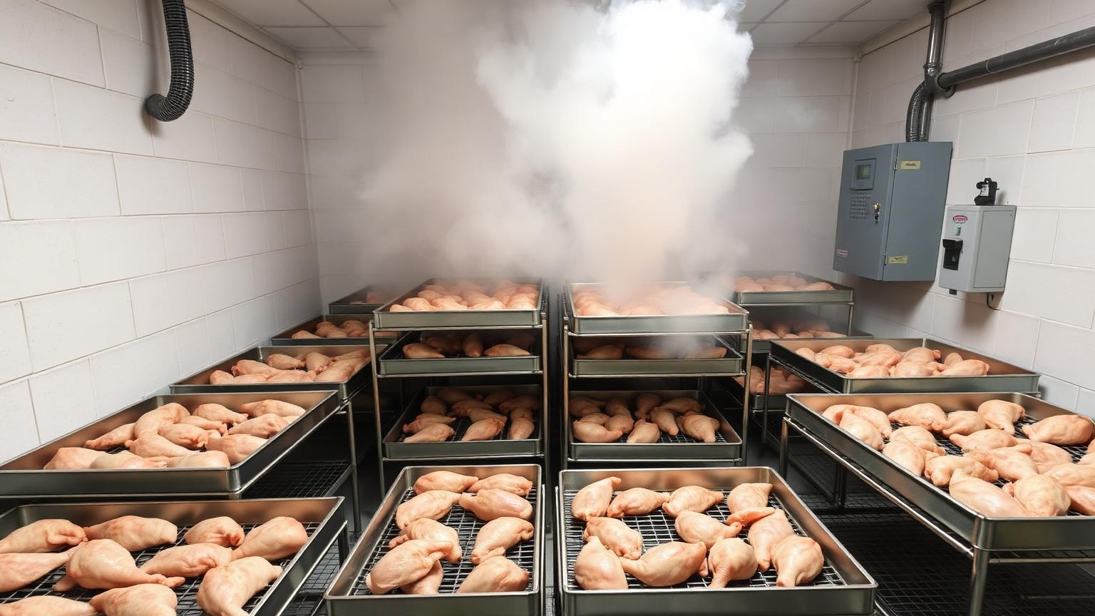 Blast freezer industrial room with trolleys of trays loaded with poultry undergoing rapid freezing under high-velocity airflow