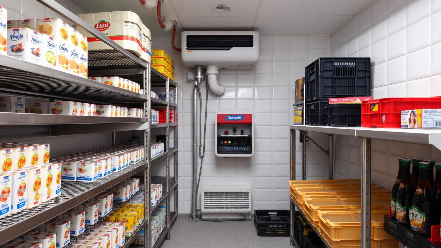 Commercial chiller room interior at 4°C with stainless steel shelves stocked with dairy and beverage cartons