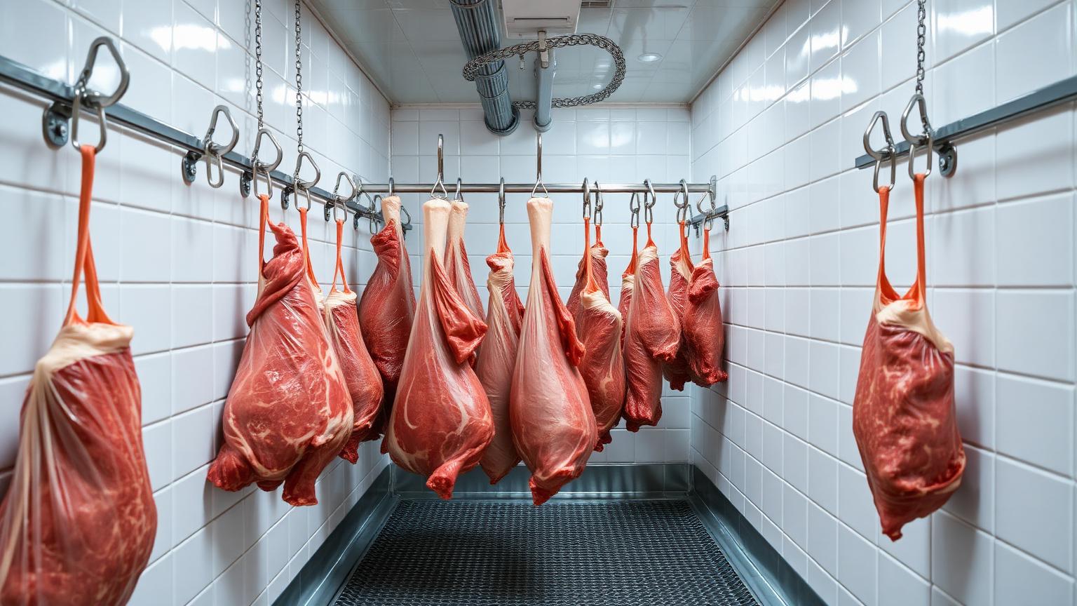 Hygienic fresh meat chiller cold room with stainless steel hooks and racks holding wrapped meat carcasses