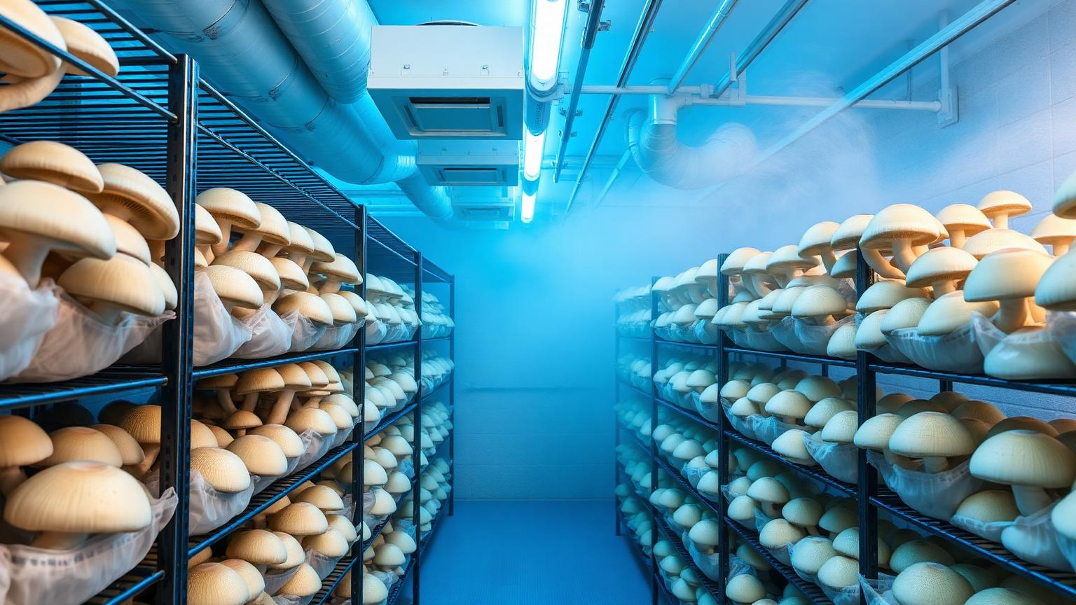 Button mushroom production room with tiered racks of growing mushrooms, humidity mist and fresh air ducts