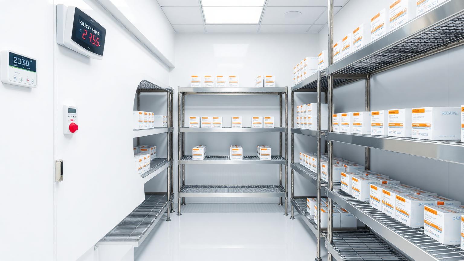 Pharmaceutical cold storage room at 2 to 8 degrees Celsius with validated stainless steel racks and wall-mounted temperature monitor