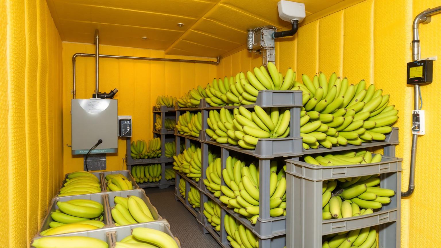 Banana ripening chamber interior with green bananas in stacked crates, ethylene generator and humidity control